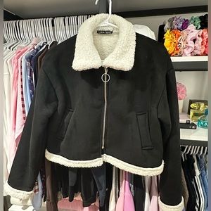 SHEIN Zip Up Contrast Teddy Collar Suede Jacket in Black & White